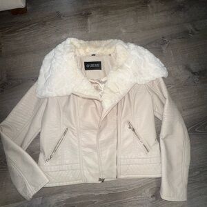 Guess Women's Light Beige Leather Jacket with Faux Fur Collar